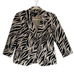3/4 Sleeve Cropped Ivory/Black Zebra/Animal Print Single Button Blazer/Jacket, S